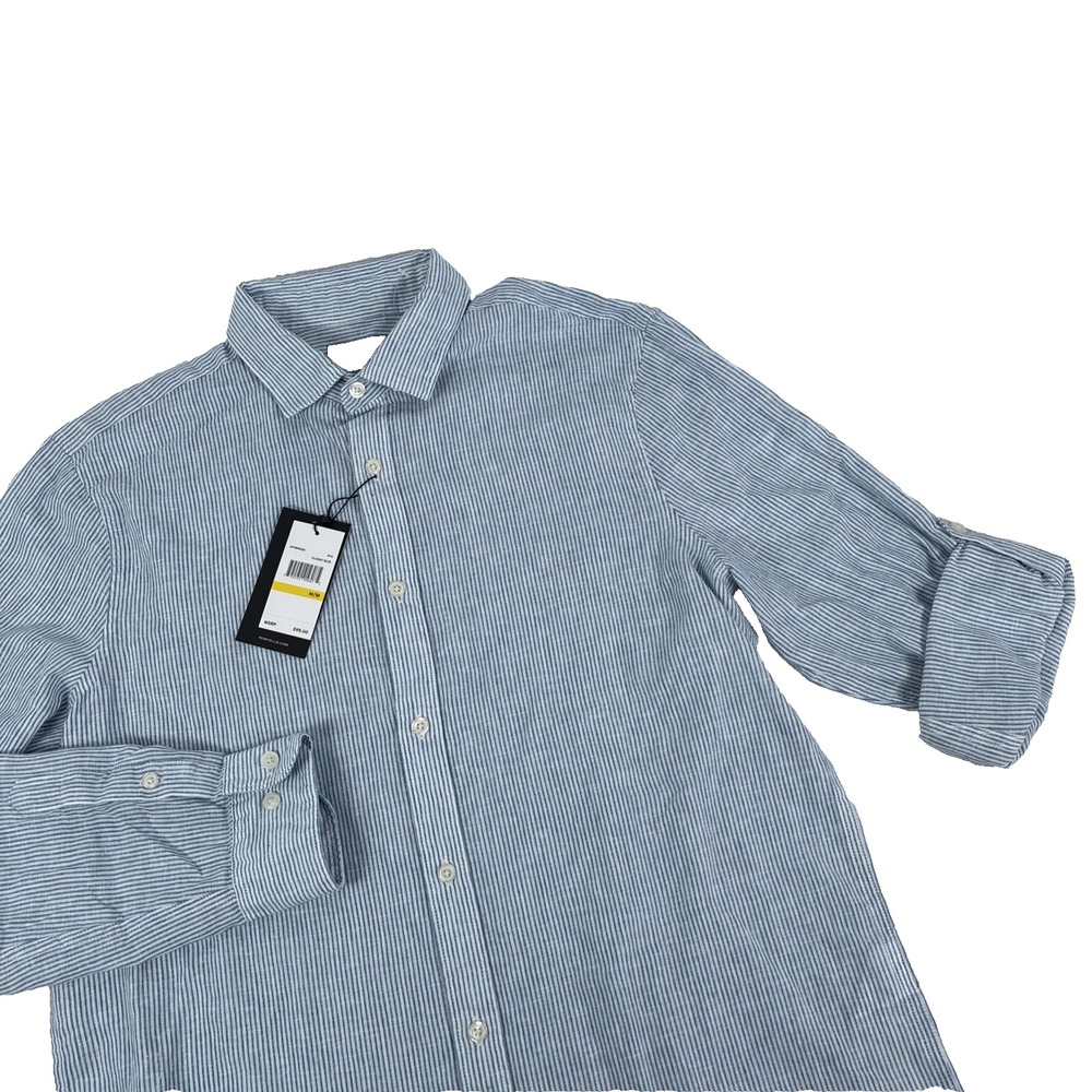 New Mens Perry Ellis Linen Blend Button Up Long Sleeve Shirt Size M Striped NWT